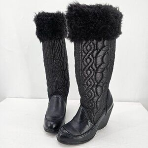 REPORT Women's Black Leather Knee-High Boots with Fur Accent - Slouchy Style